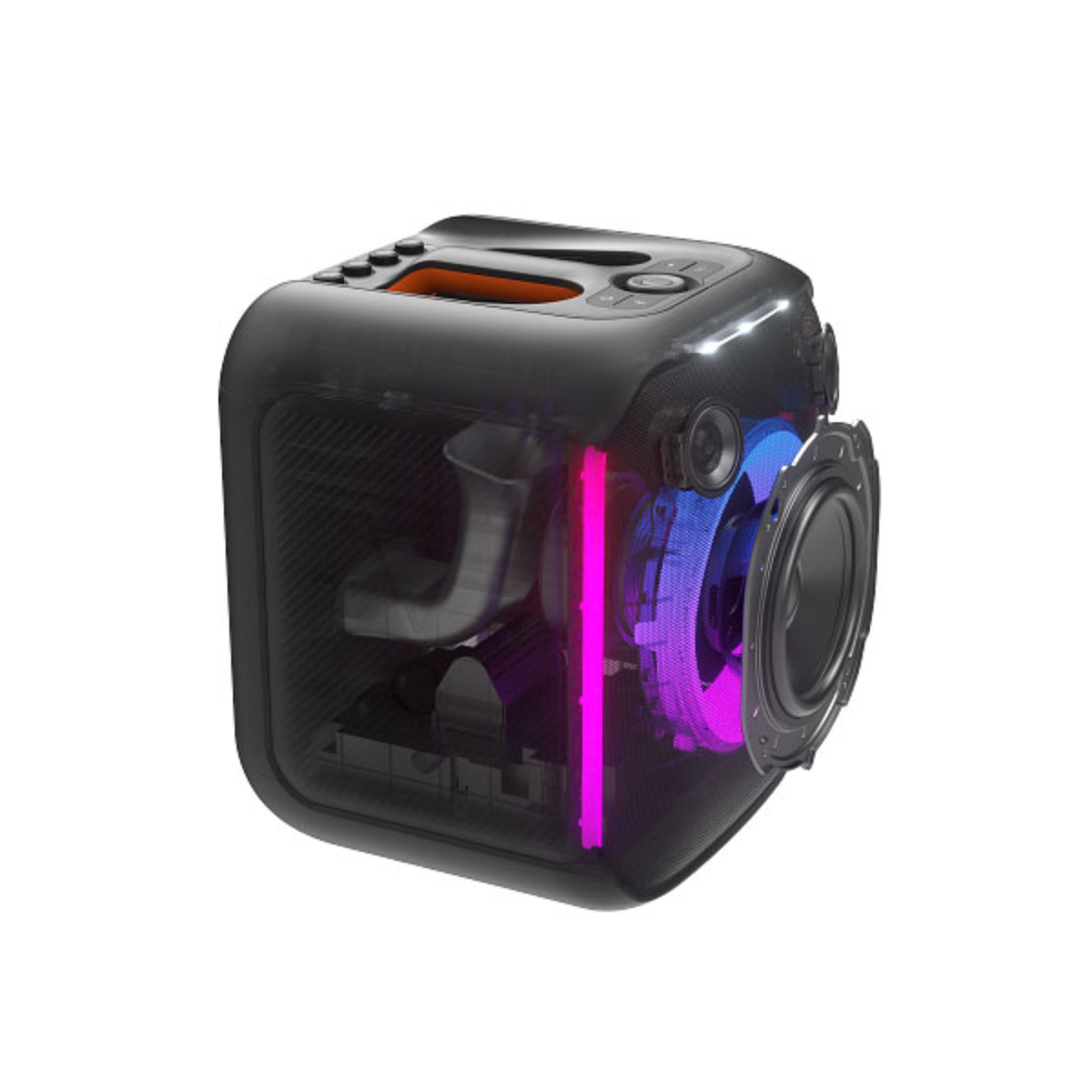 JBL Partybox Encore Portable party speaker with 100W powerful sound, built-in dynamic light show, included digital wireless mic, and splash proof design.