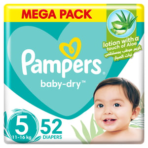 Pampers Baby-Dry Taped Diapers with Aloe Vera Lotion, up to 100% Leakage Protection, Size 5, 11-16kg, 52 pcs