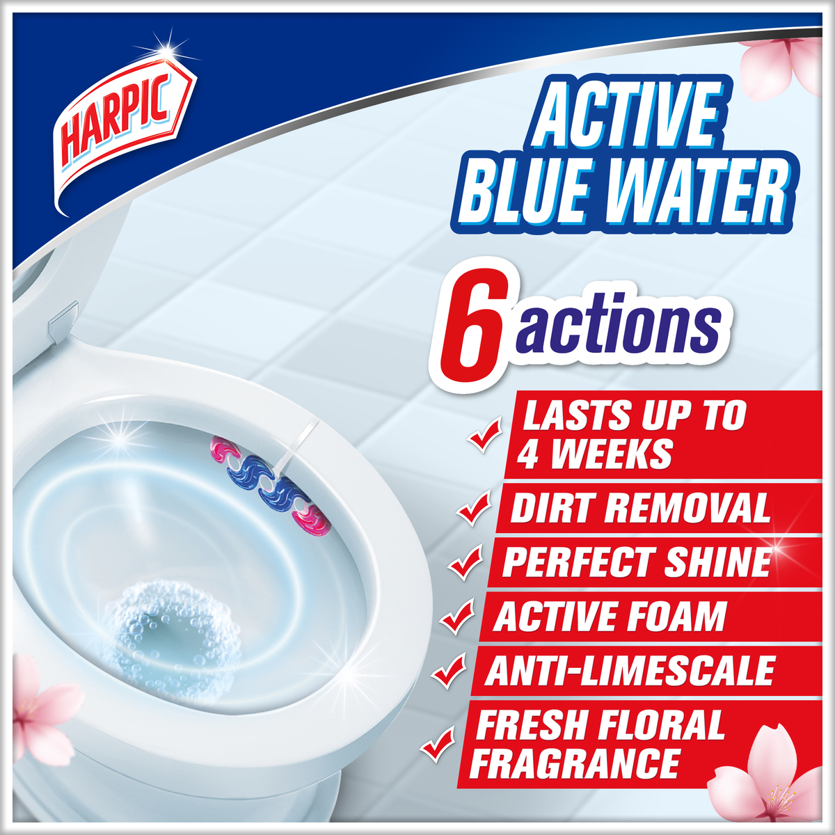 Harpic Active Blue Water Toilet Cleaner Rim Block Floral Burst 35 g