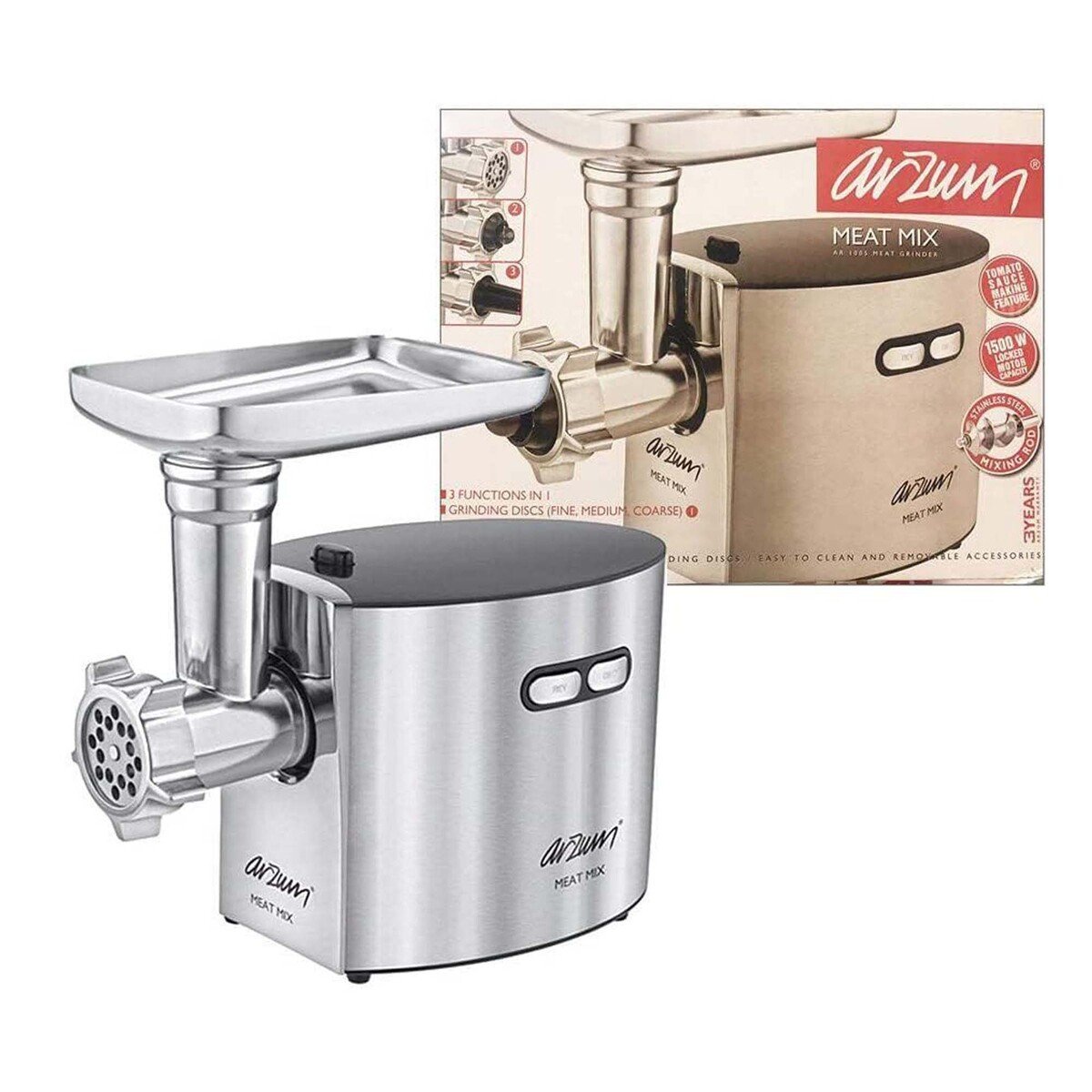 Arzum Meat Grieder 1500W, 3 Functions, Stainless Steel 3 Discs, Silver Color, AR1125