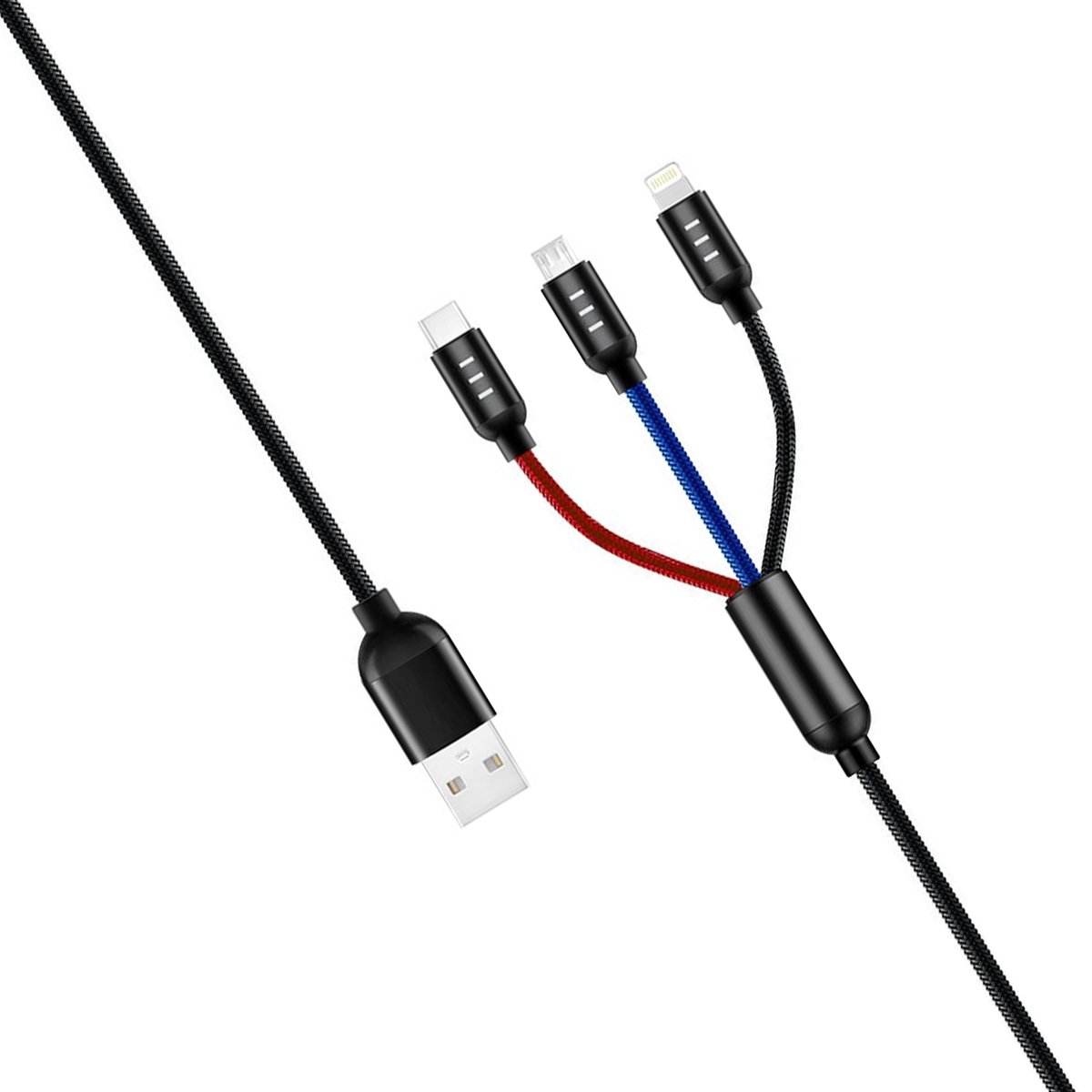Trands Multi Colored 3 In 1 USB Cable With Lightning Micro USB Type C Connectors 1.2 Meter CA8816