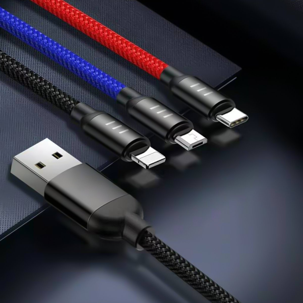 Trands Multi Colored 3 In 1 USB Cable With Lightning Micro USB Type C Connectors 1.2 Meter CA8816