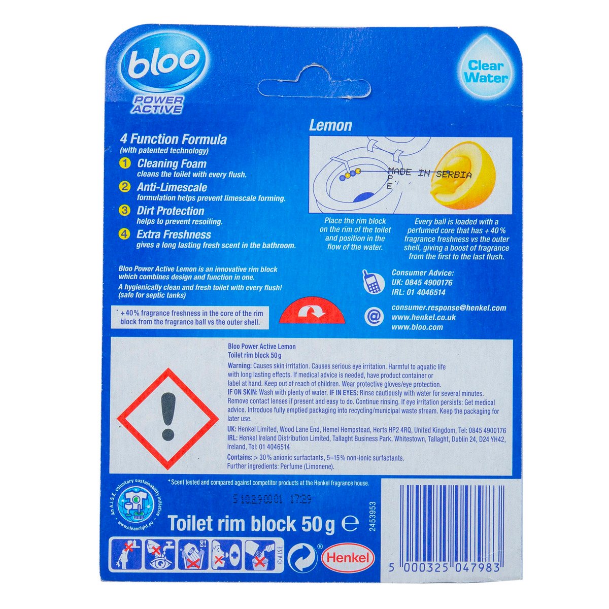 Bloo Toilet Rim Block Power Active Lemon, 50 g