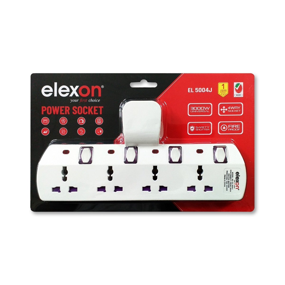 Elexon 4Way T Socket With Individual Switches EL5004J