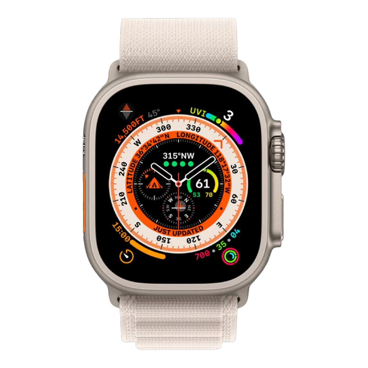 Apple Watch Ultra GPS + Cellular Titanium Case with Starlight Alpine Loop, 49 mm, Medium (Band Size), MQFR3