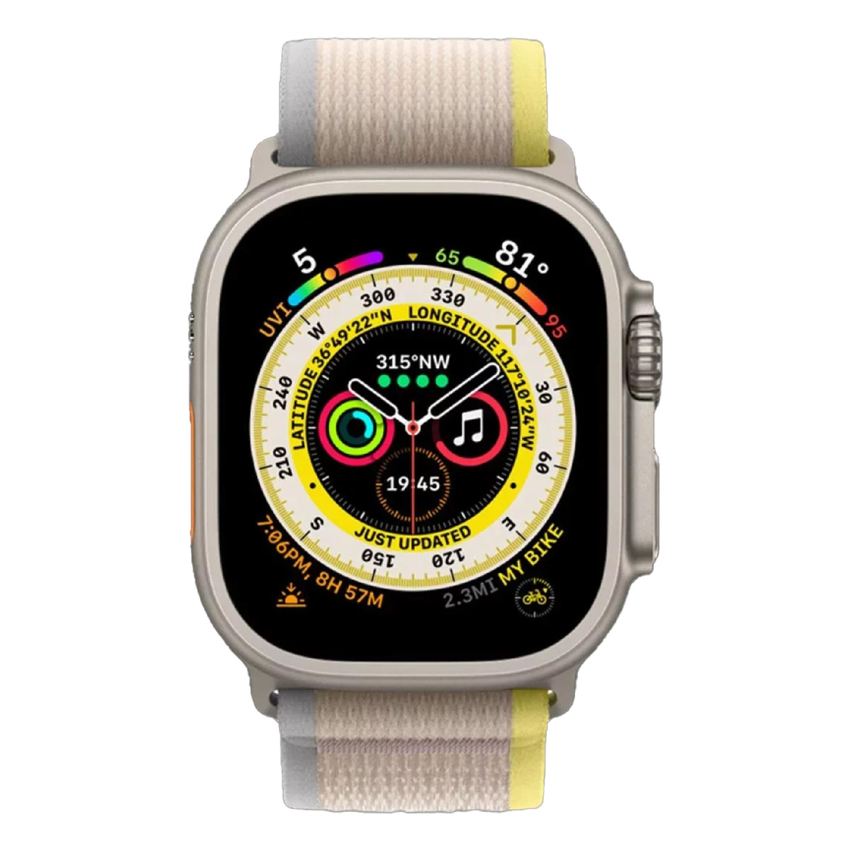 Apple Watch Ultra GPS + Cellular Titanium Case with Yellow/Beige Trail Loop, 49 mm, Medium/Large (Band Size), MQFU3