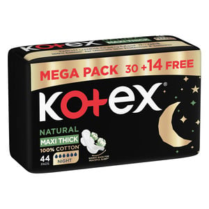 Kotex Natural Maxi Protect Thick 100% Cotton Overnight Sanitary Pads with Wings 44 pcs