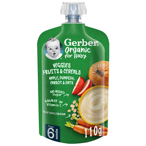 Gerber Organic Apple Pumpkin Carrot & Oats Fruits & Cereals For Baby From, 6 Months, 110 g