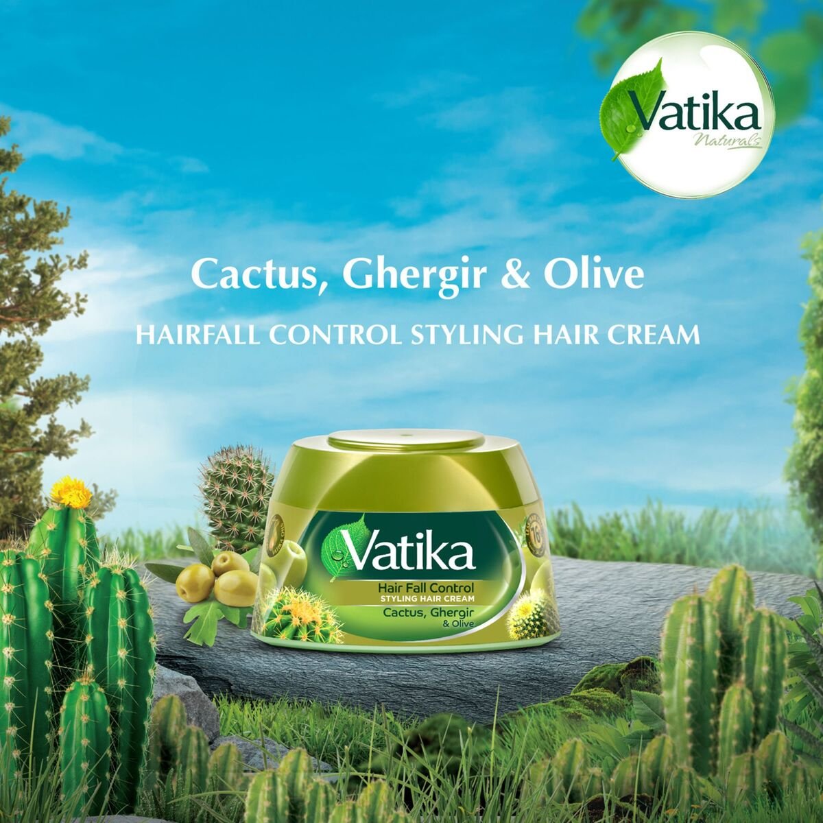 Vatika Naturals Hair Fall Control Styling Hair Cream Ghergir, Cactus & Olive Strengthens & Nourishes Weak Hair 2 x 140 ml