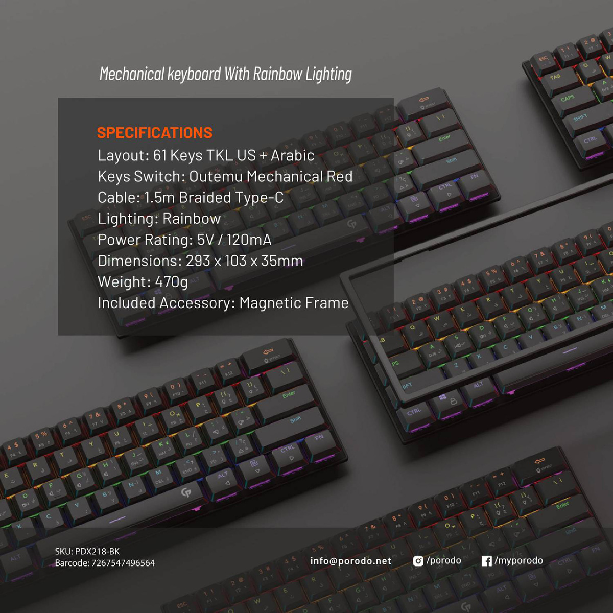 Porodo Gaming Low-Profile TKL Mechanical Keyboard-PDX218 Black with English & Arabic Layout