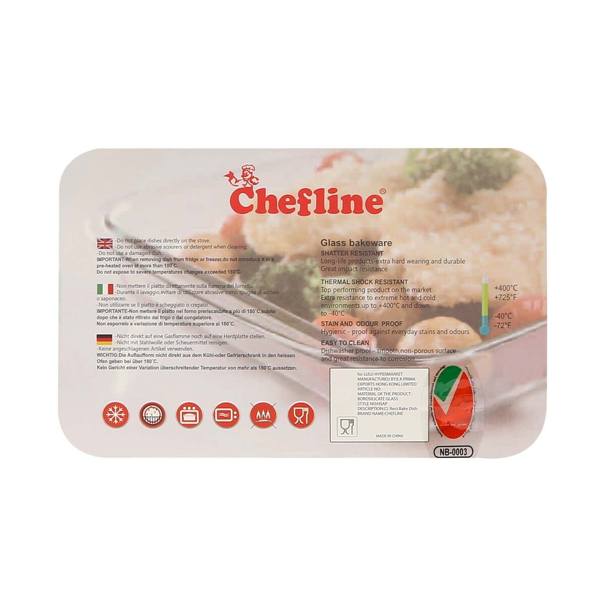 Chefline HS0093-3LF Borosilicate Glass Square Baking dish,1.0 litre, Transparent