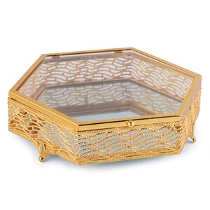 Helvacioglu Arabic Decorative Hexagonal Lid Box, 12 cm, Gold, A03117G