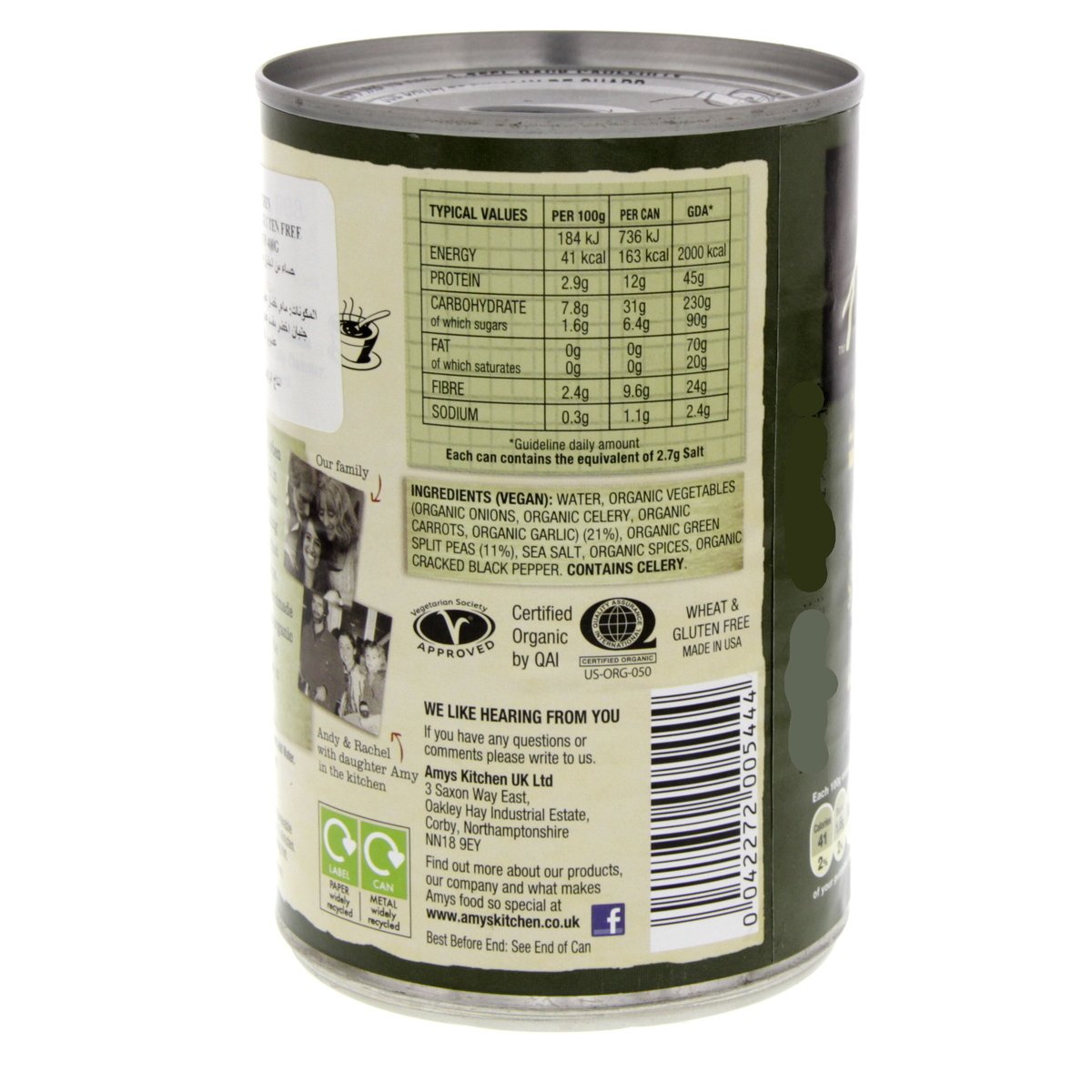 Amy's Organic Split Pea Soup Gluten Free Low Fat 400 g