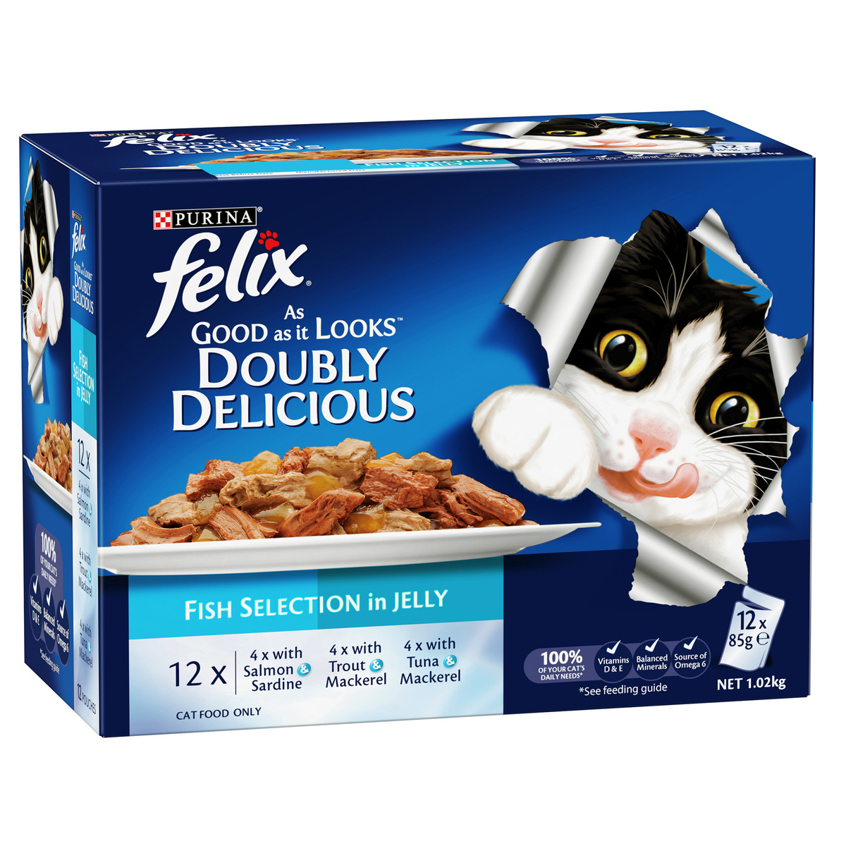 Purina Felix Doubly Delicious Fish Selection In Jelly ( Salmon & Sardine Trout & Mackerel Tuna & Mackerel ) 12 x 85 g