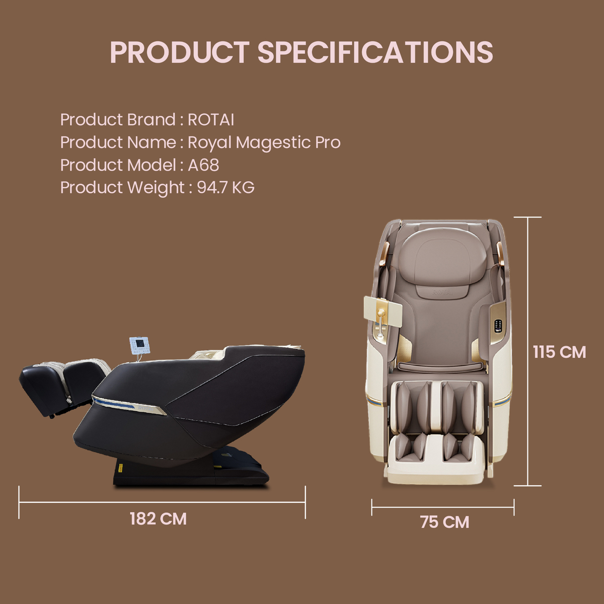 Rotai Royal Majestic Pro Multi-Functional Full Body Massage Chair, Brown, A68