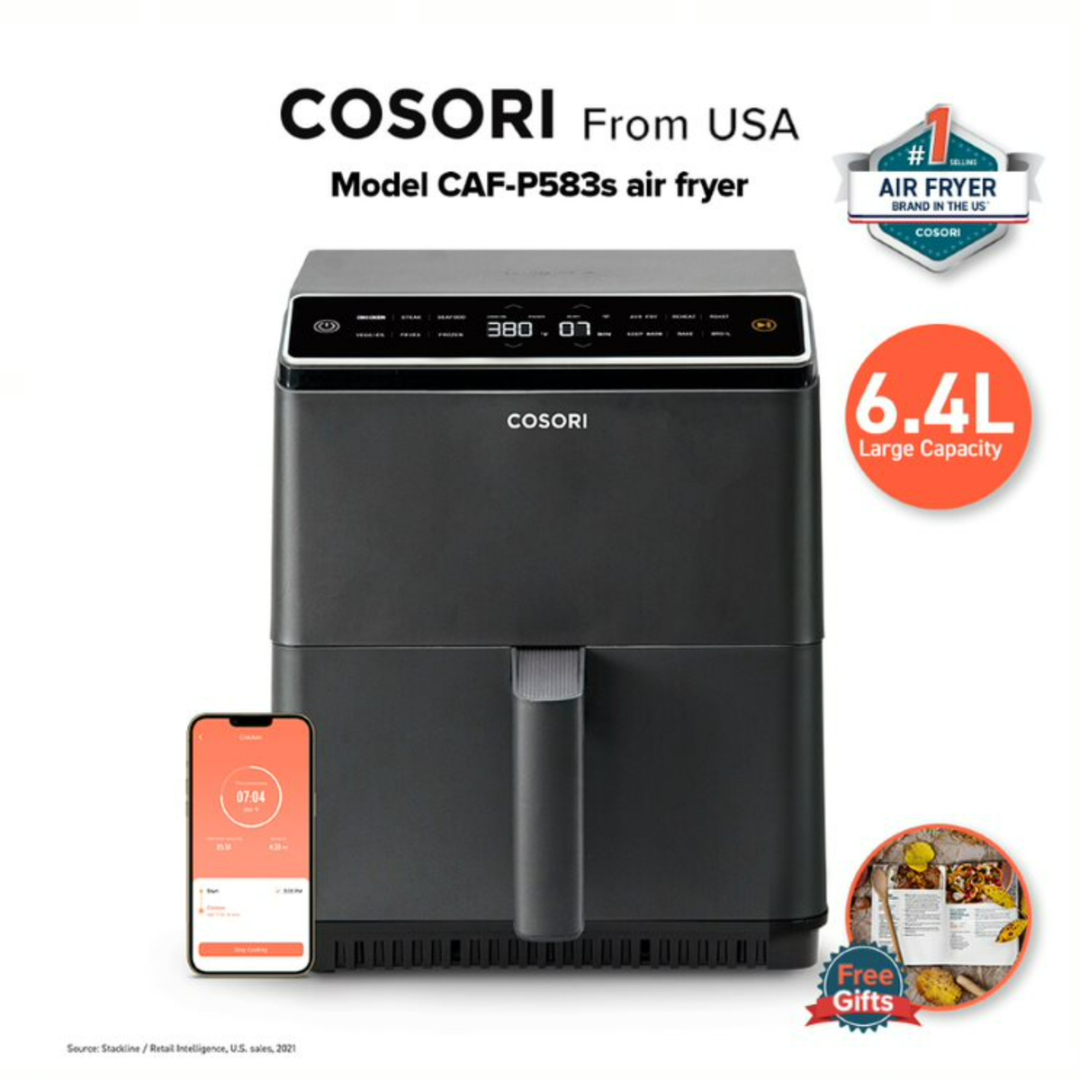 Cosori Digital Air Fryer, 6.4L, 1700W, Grey, CAF-P583S-KUK