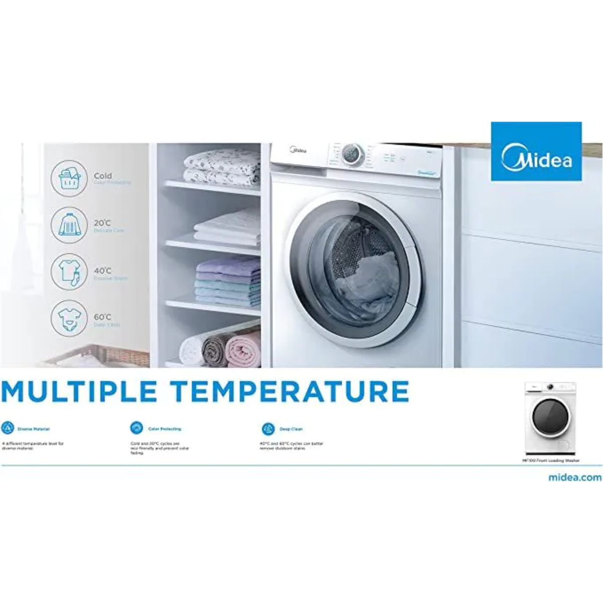 Midea Front Load Washing Machine, 7 Kg, 1400 RPM, White, MF100W70BWGCC