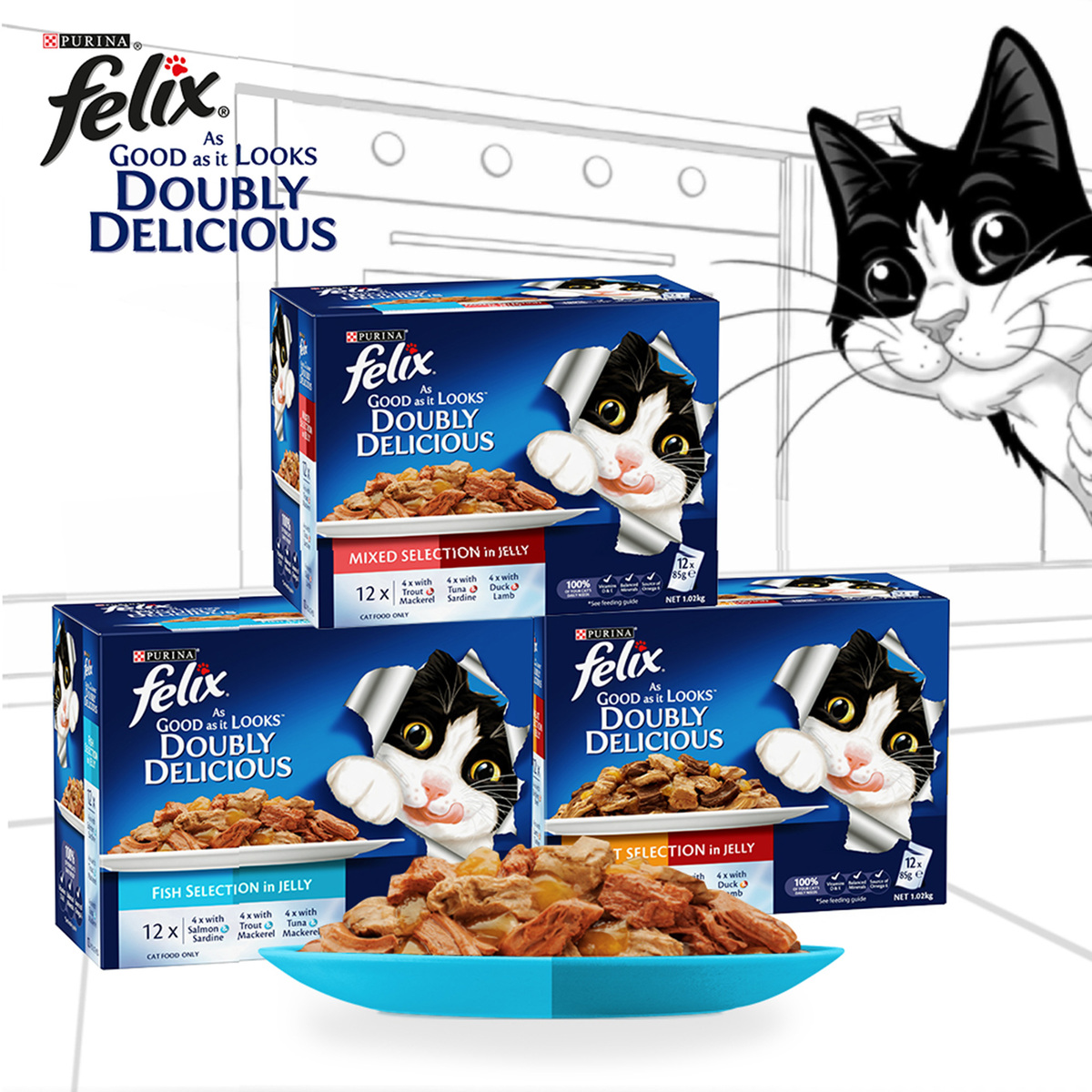 Purina Felix Doubly Delicious Fish Selection In Jelly ( Salmon & Sardine Trout & Mackerel Tuna & Mackerel ) 12 x 85 g