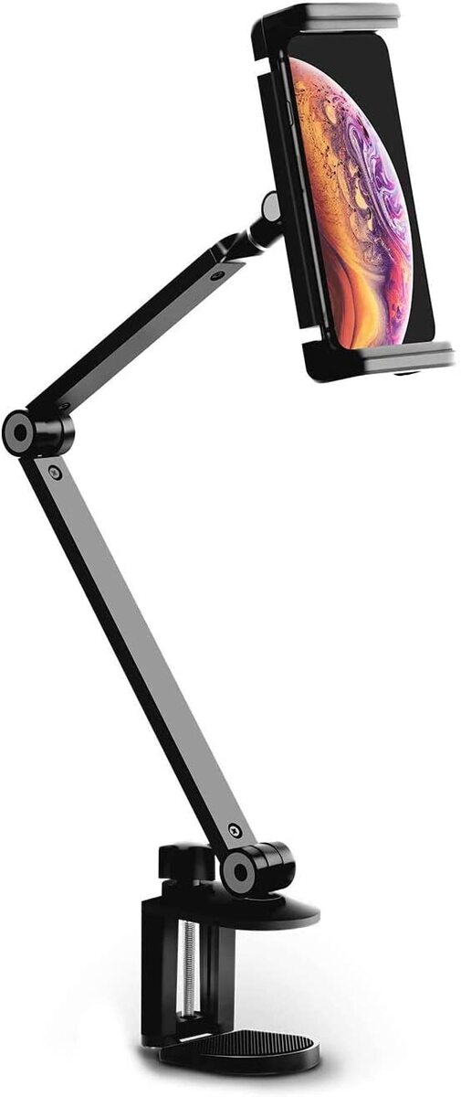 Technomounts Tablet Stand Desktop Clip Flexible 360 Degree Phone Holder Table Clamp Stand Adjustable Height Stand fits 4 to13 Inch Phone and Tablet Displays IPAD 12.9 (Black)