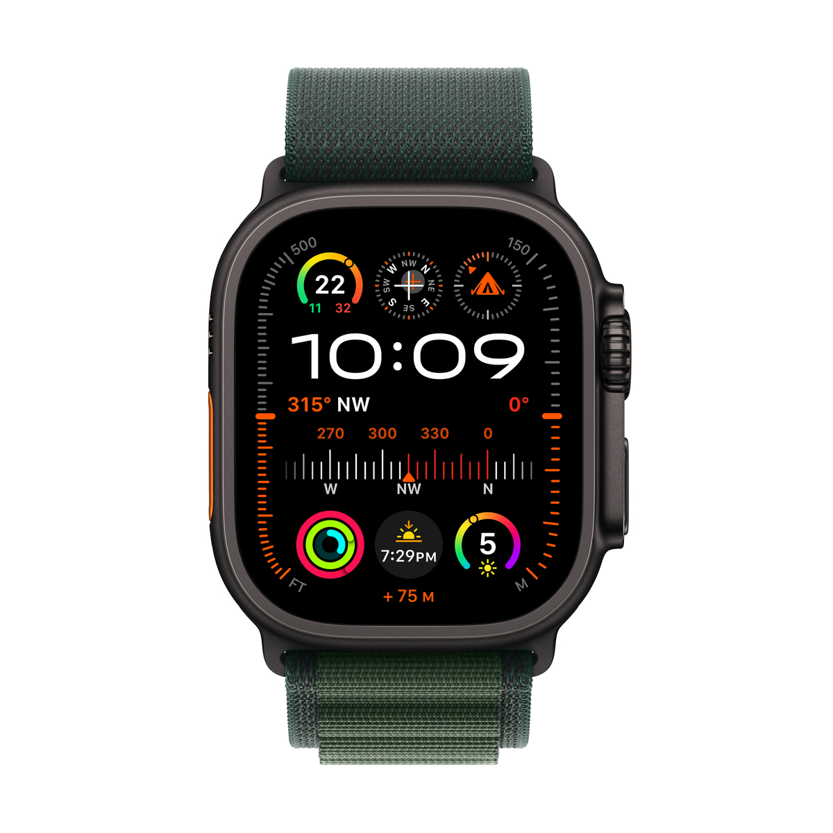 Apple Watch Ultra 2 GPS + Cellular, 49 mm Black Titanium Case with Dark Green Alpine Loop - Large