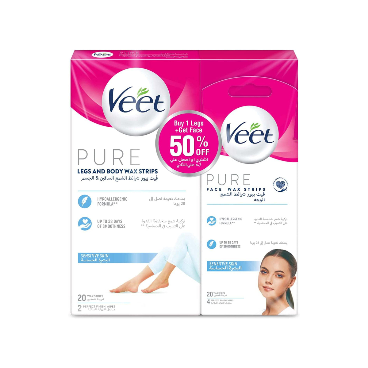 Veet Pure Leg And Body Wax Strips 20pcs + Face Wax Strips 20pcs