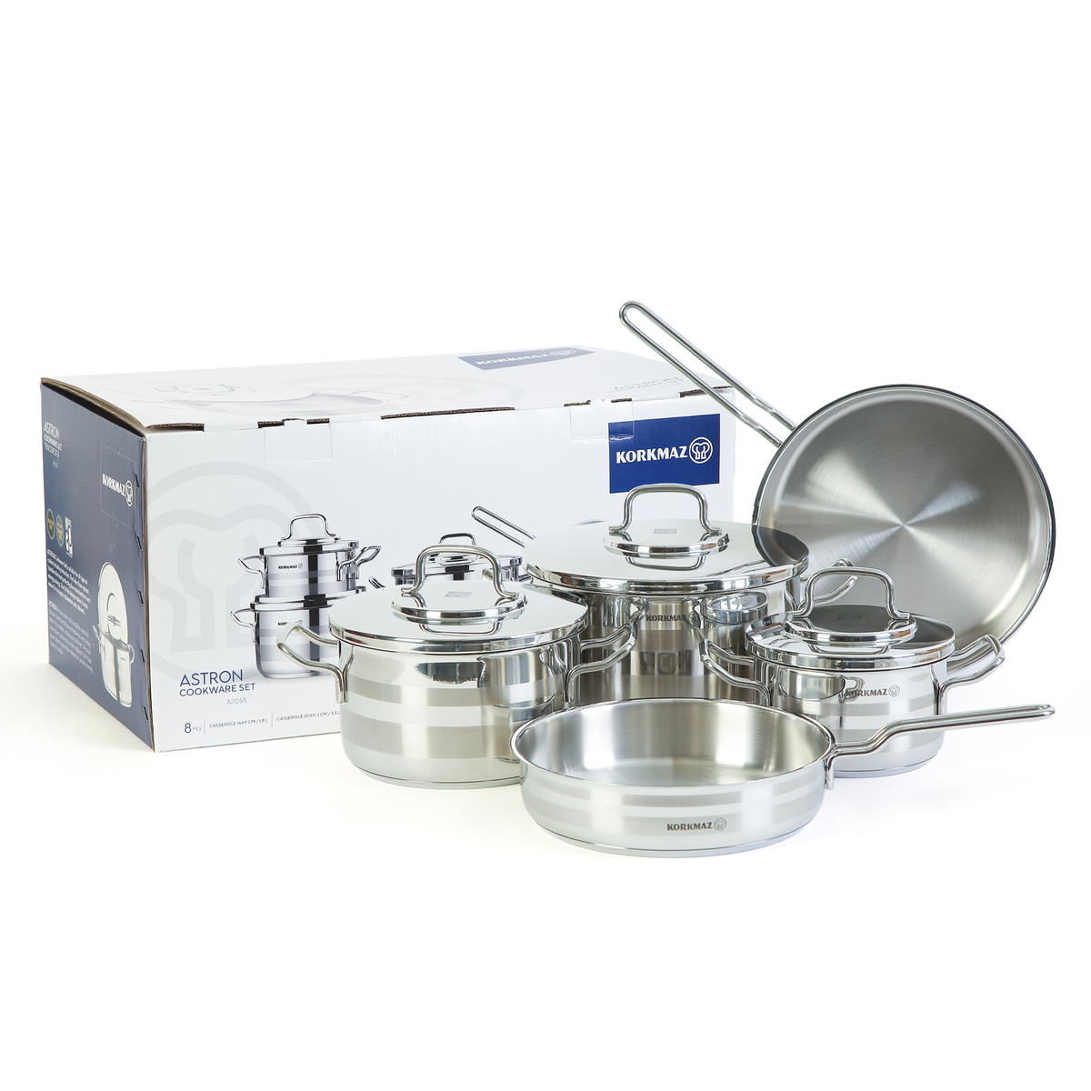 Korkmaz Stainless Steel Cookware Set, 8 pcs(Including Lids), Astra2 A2055