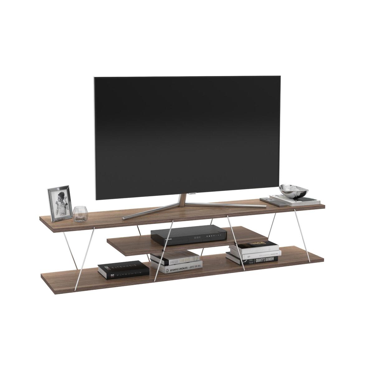 Home Canvas Tars Modern TV Stand for Living Room, TV Unit Media Easy Assembly (143cmX32cmX31cm)- Walnut and Chrome RF160102