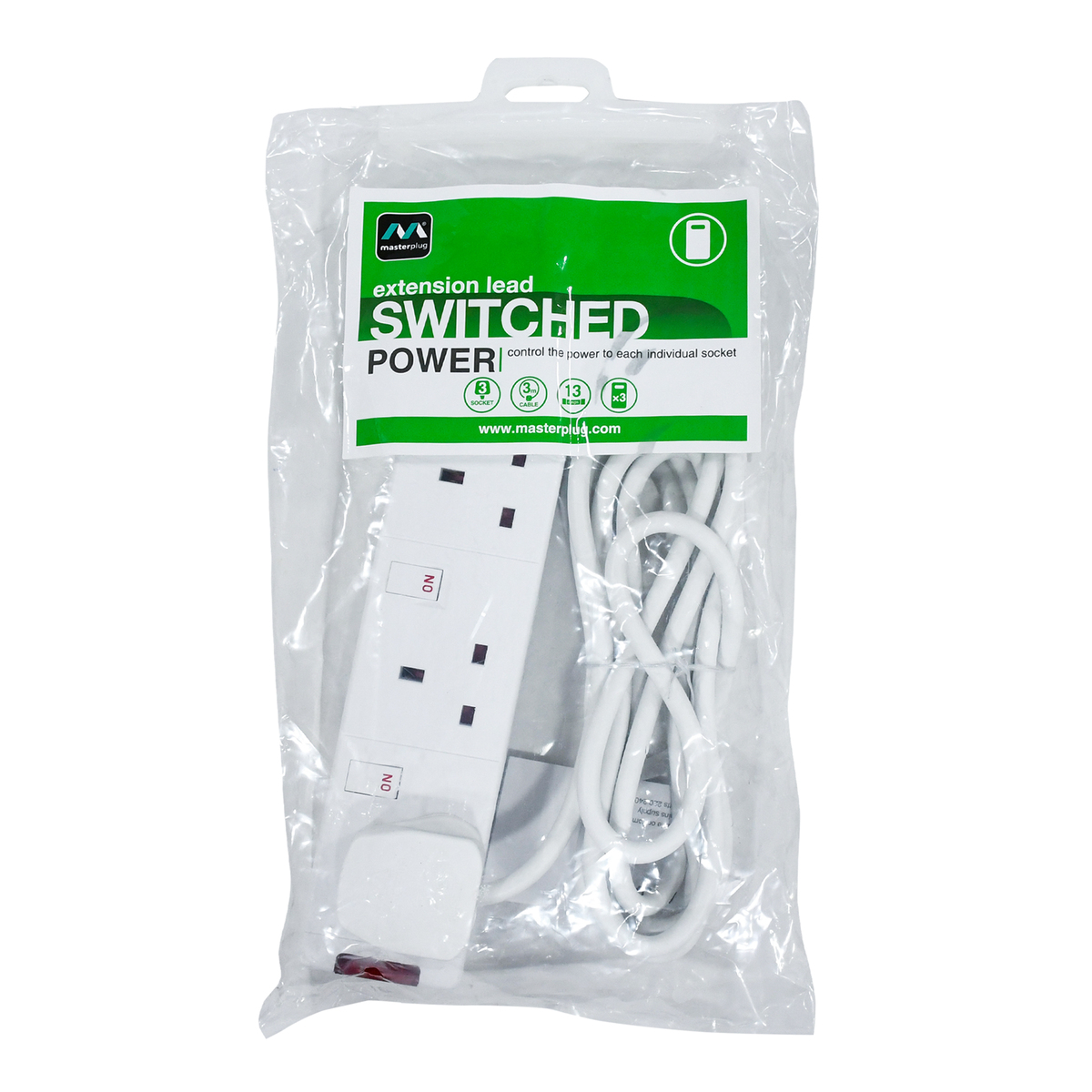 Masterplug 3 Way Extension Lead Switched Power Socket, 3m, SWG33-04