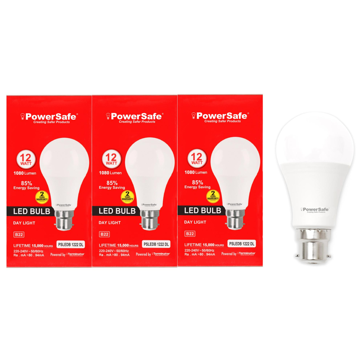 Power Safe Day Light LED Bulb, 12W, 3 pcs, PSLEDB 1222 DL