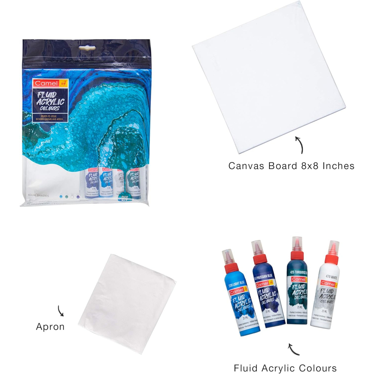 Camel Fluid Acrylic Colour, Canvas And Apron Kit – Aqua Shades