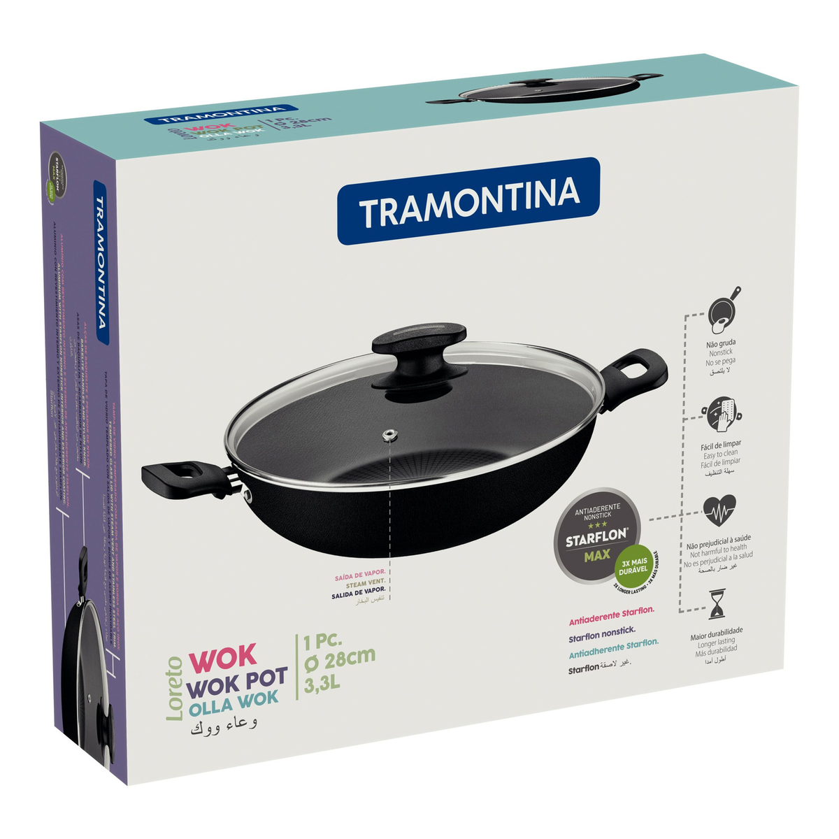 Tramontina Loreto Aluminum Non-Stick Wok with Lid, 28 cm, 27817033