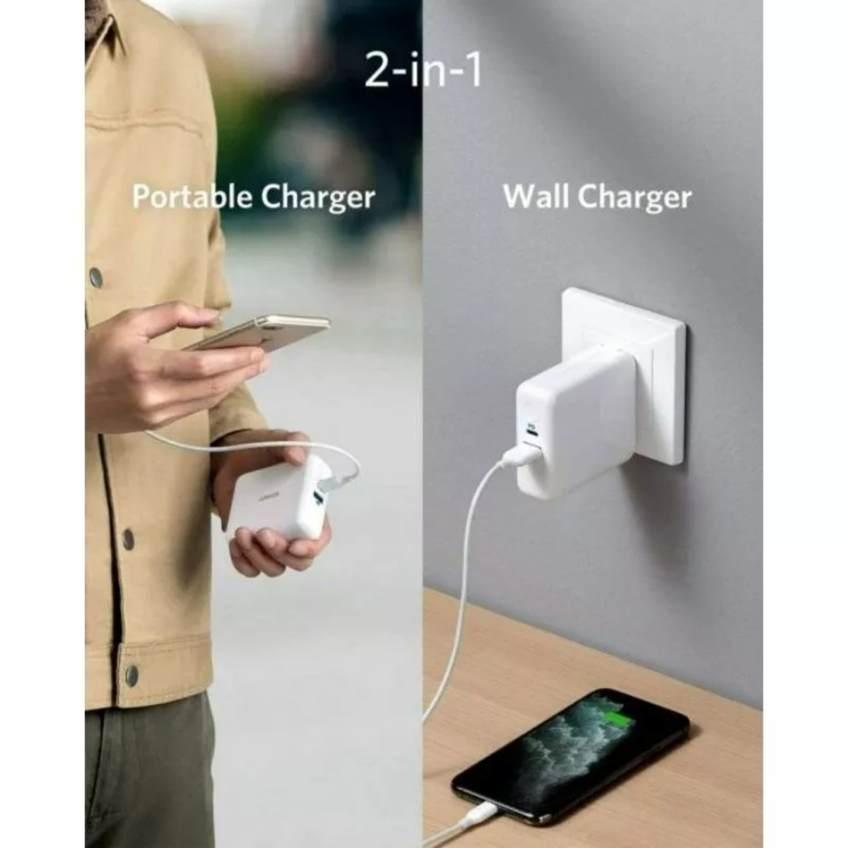 Anker PowerCore III Fusion Hybrid Wall Charger, 5000 mAh, White, A1624H22