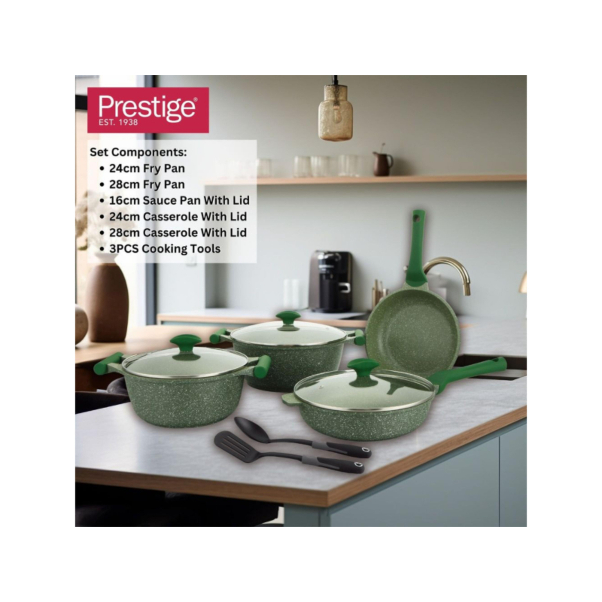 Prestige Aluminum Cookware Essentials with Granite Coating, 9 pcs, Green, 80990