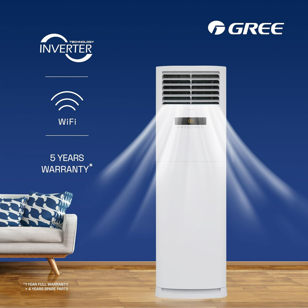 Gree Floor Stand Air Conditioner with Inverter Compressor, 5 Ton, White, iFLOWIND-60C3