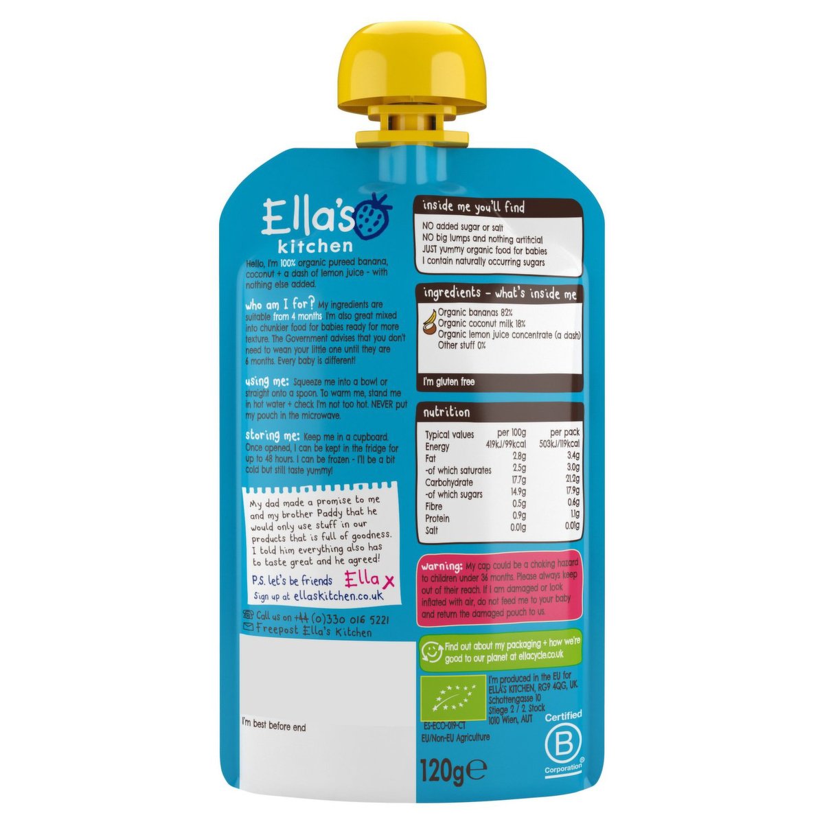 Ella's Kitchen Organic Super Smooth Bananas and Coconut Puree From 4+ Months Baby Food 120 g