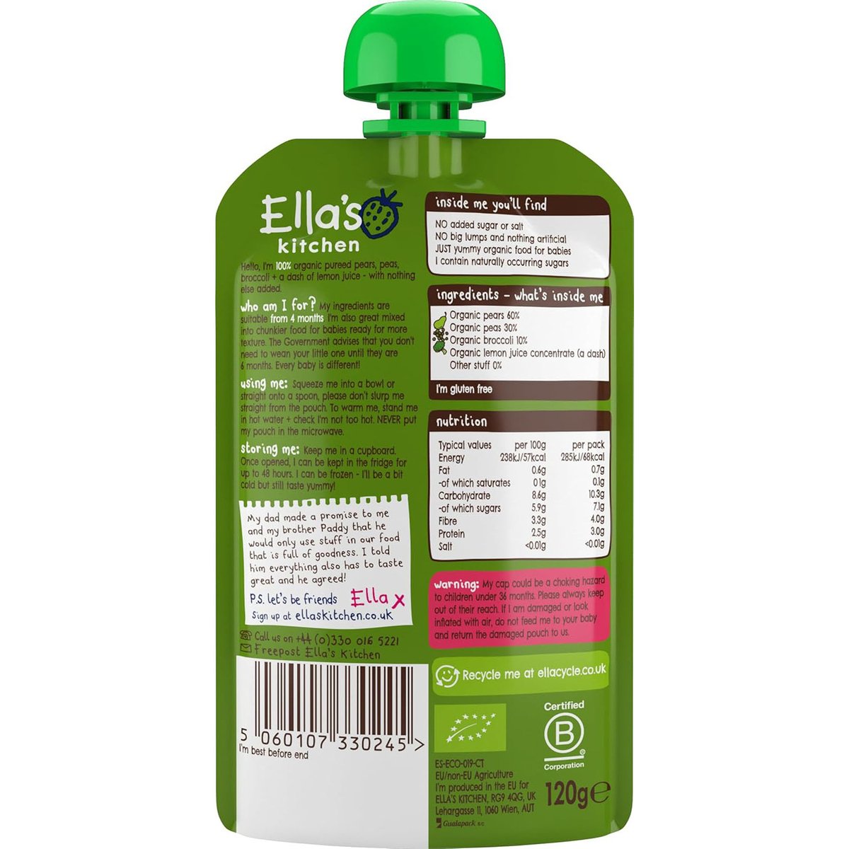 Ella's Kitchen Organic Broccoli, Pears + Peas Baby Food 120 g