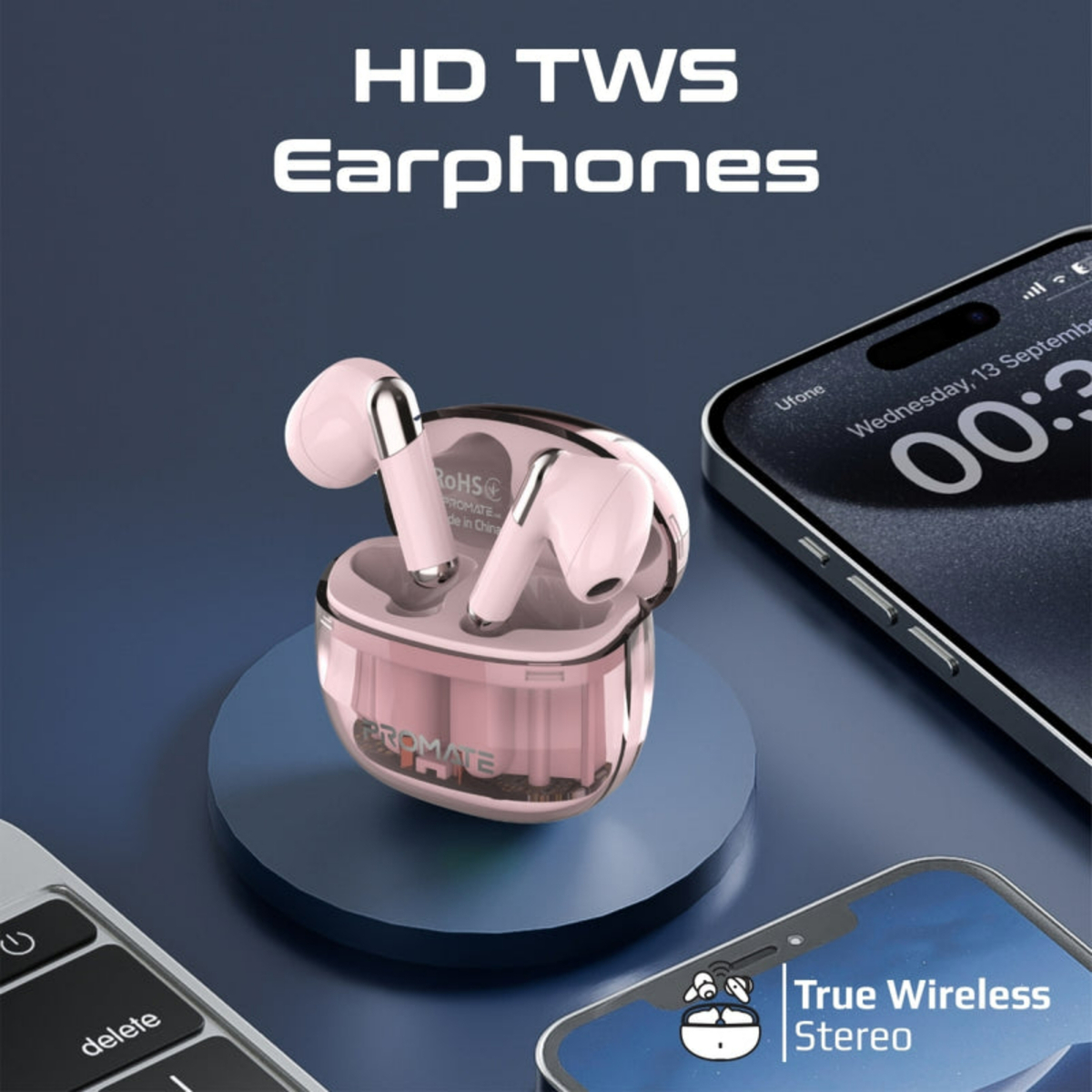 Promate TransPods HD Transparent TWS Earbuds with Mic, Pink