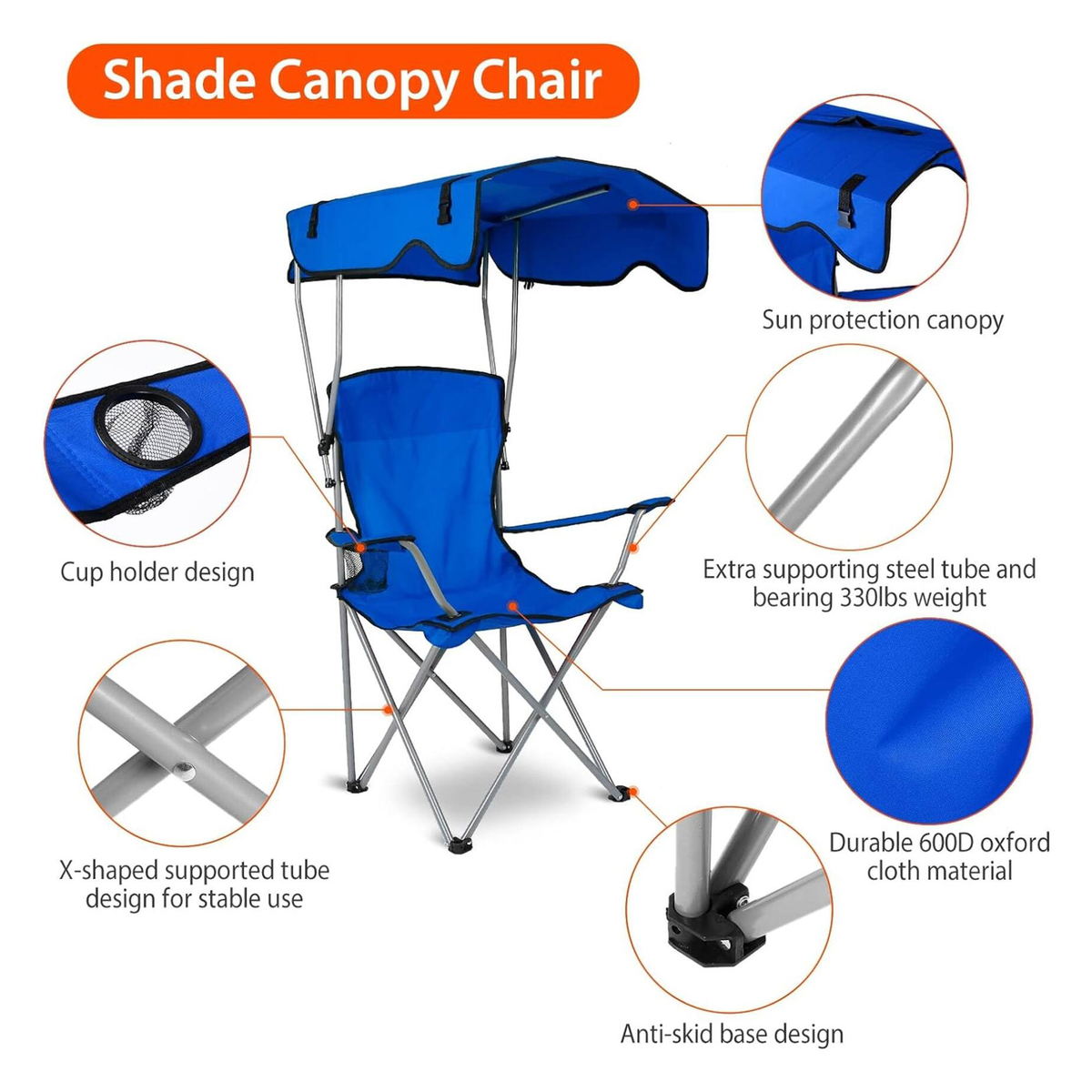 Campmate Foldable Beach Chair with Canopy Sun Protection Roof, 18 x 20 x 90 cm, Assorted, CM-7880