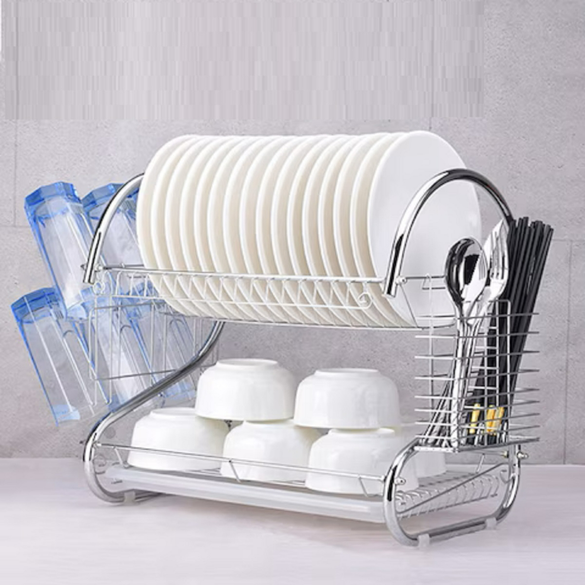 Home 2 Layer Dish Rack with Utensil Holder, Silver, A357-9312