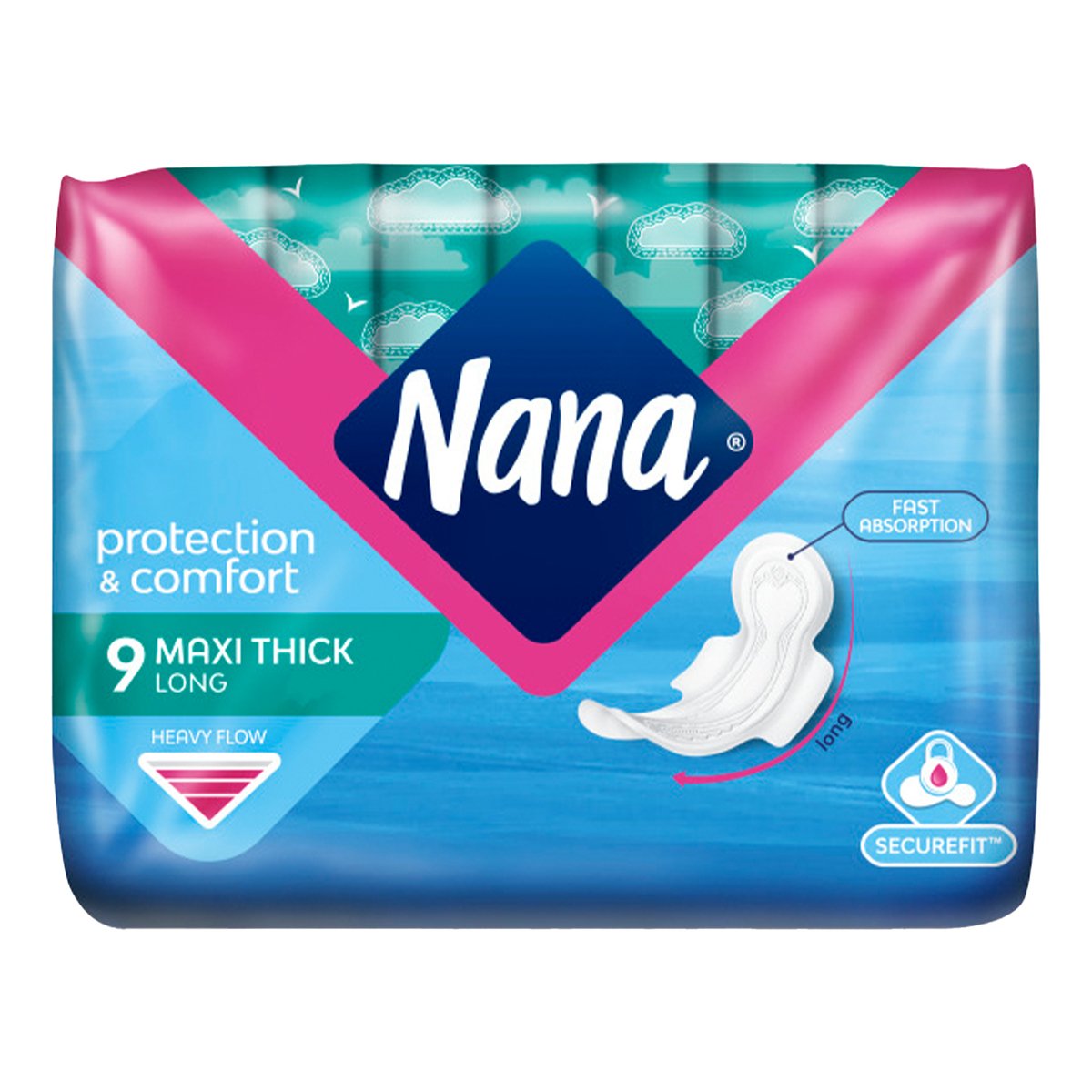 Nana Protection & Comfort Maxi Thick Long Sanitary Pads with Wings For Heavy Flow 9 pcs