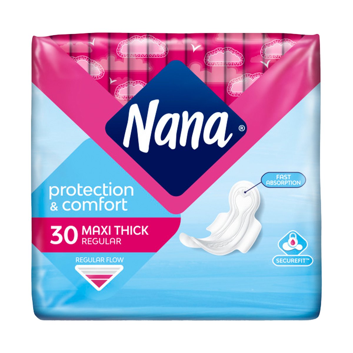 Nana Protection & Comfort Maxi Thick Sanitary Pads with Wings For Regular Flow 30 pcs