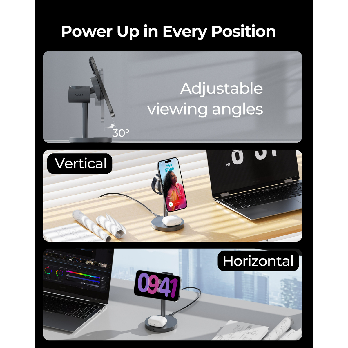 Aukey MagFusion 3-in-1 Qi2 Magnetic Fast Wireless Charging Station, 15 Watts, LC-MC311