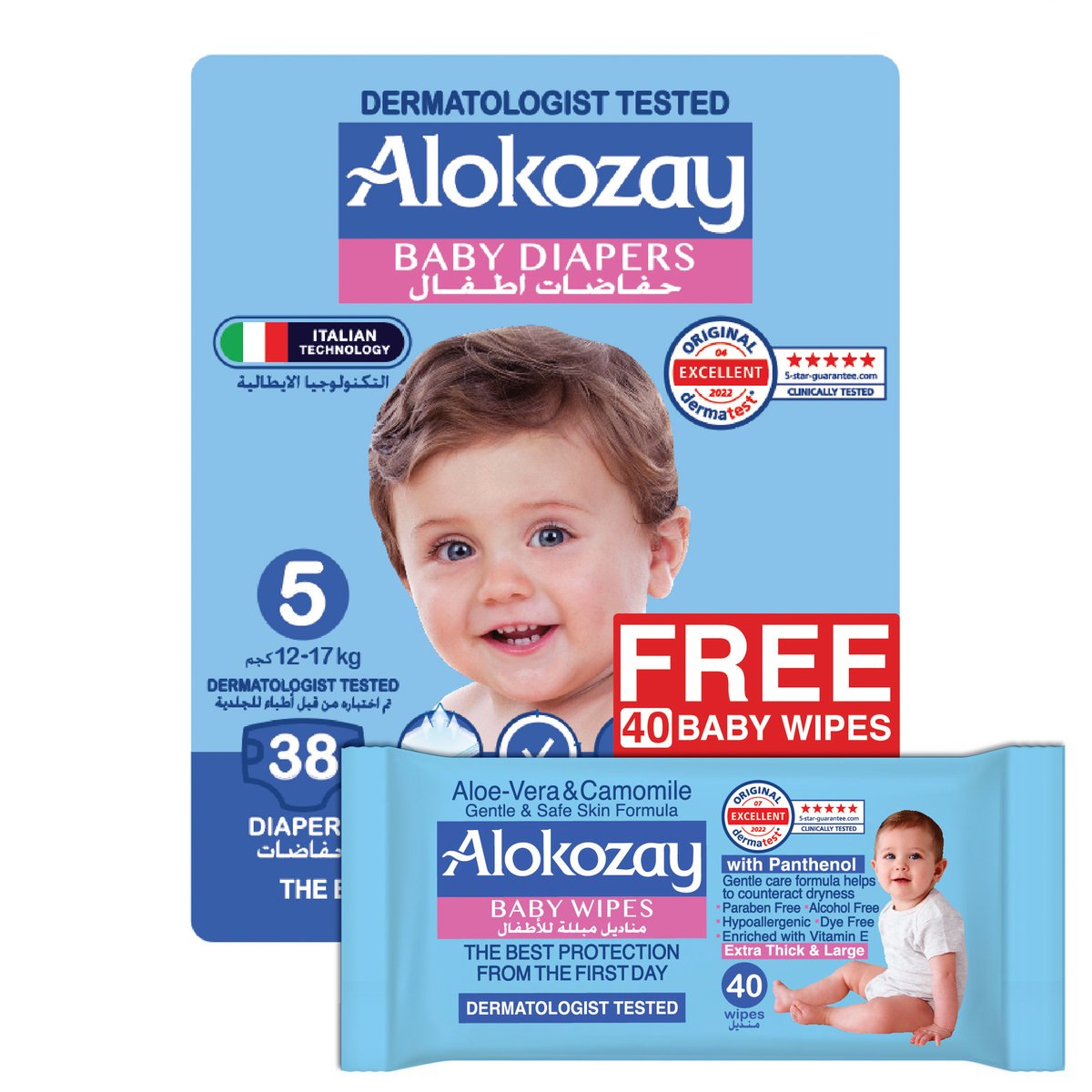 Alokozay Baby Diapers Size 5 12-17 kg 38 pcs + Wipes 40 pcs