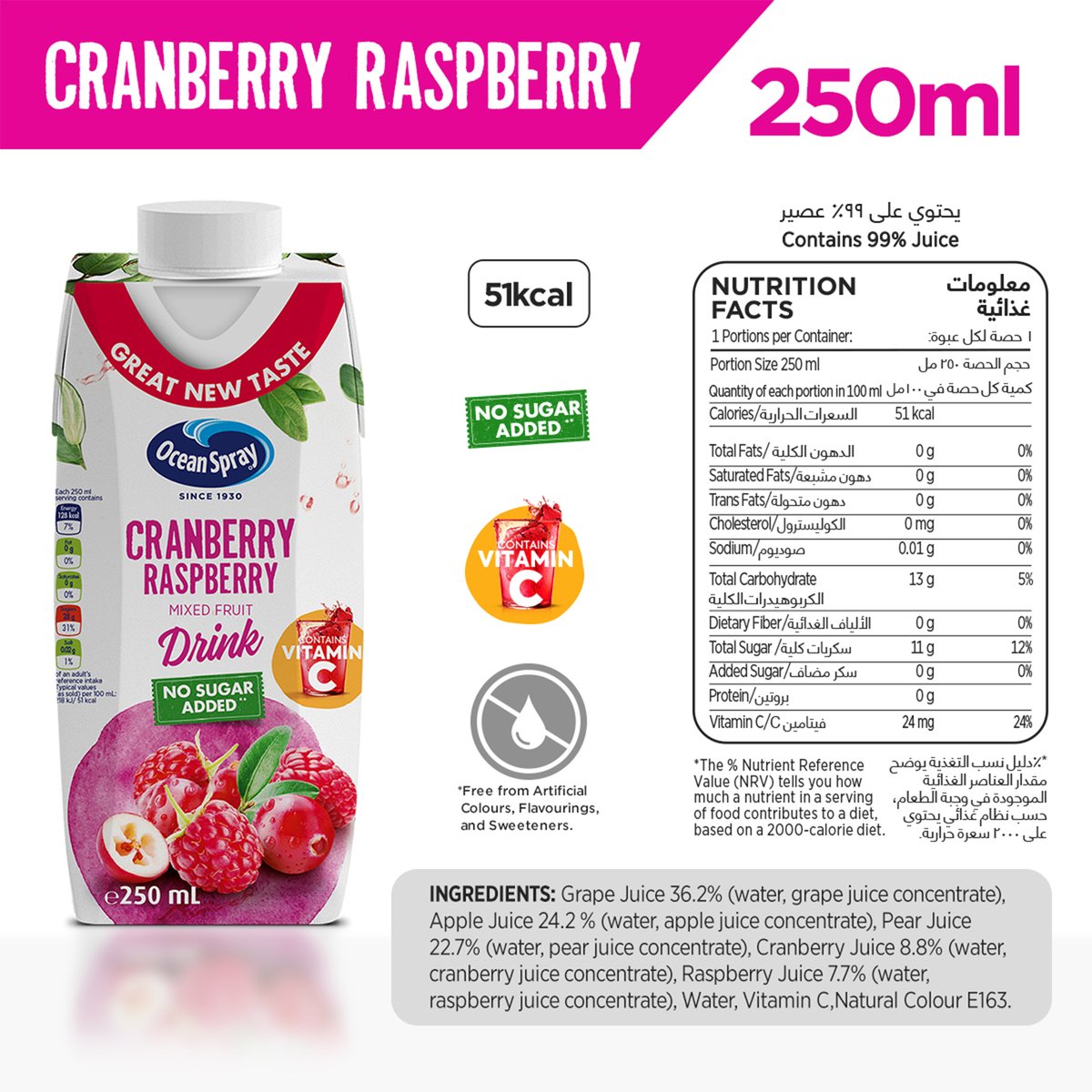 Ocean Spray Cranberry Raspberry Mixed Fruit Drink No Added Sugar 250 ml