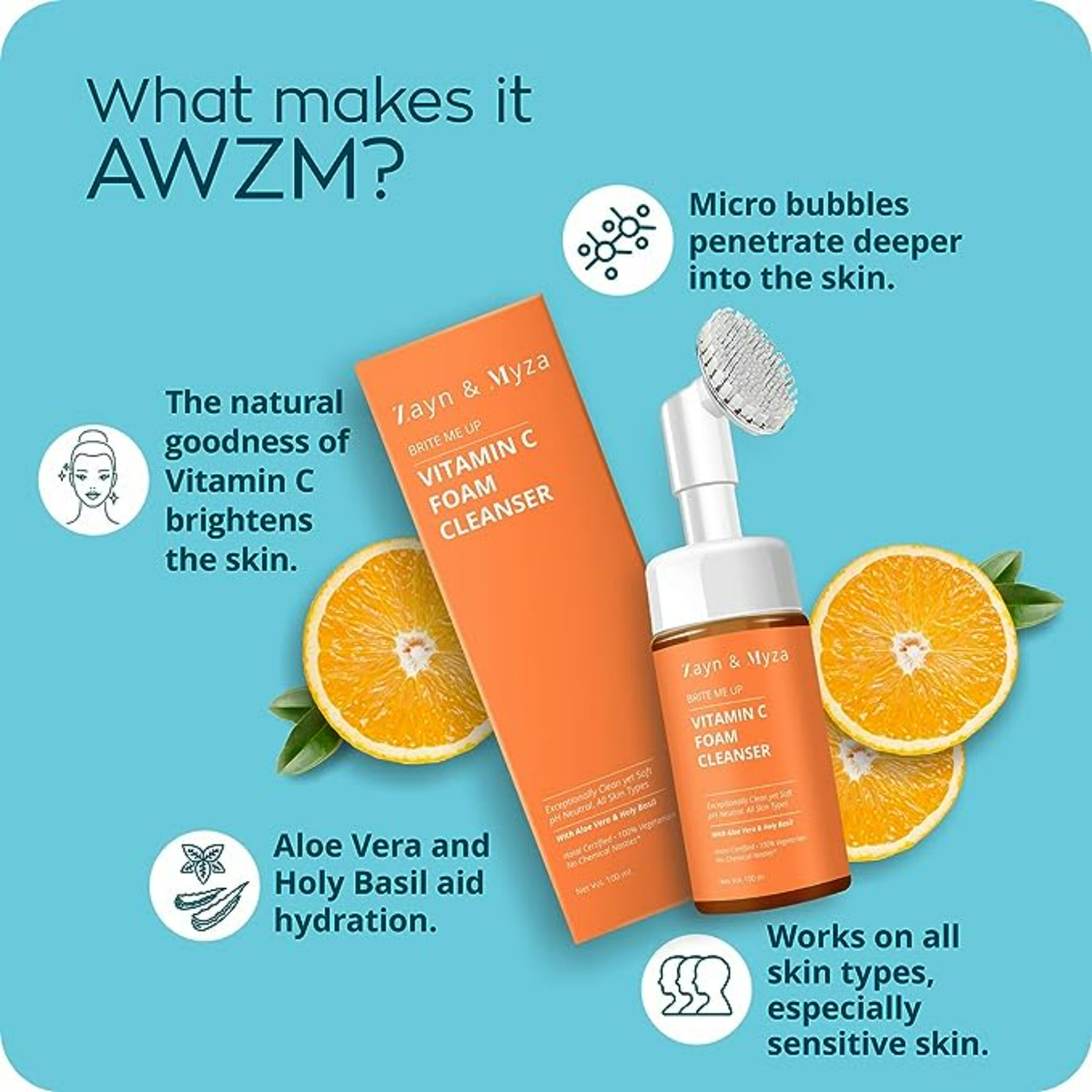 Zayn & Myza Vitamin C Brightening Foaming Face Wash Cleanser, 100 ml & Vitamin C Face Serum, 30 ml, Combo of 2