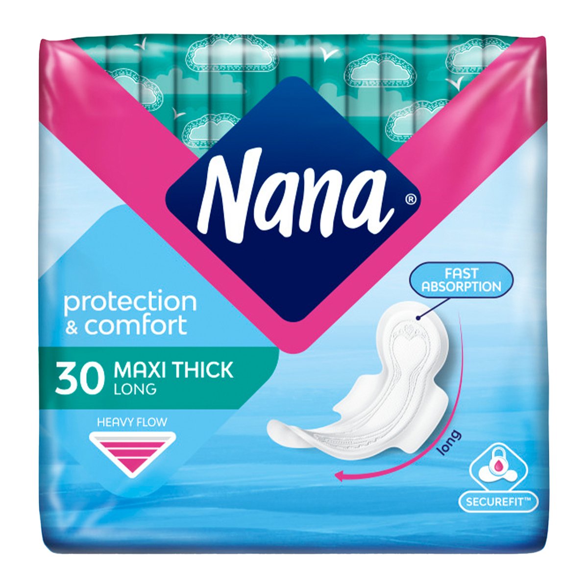 Nana Protection & Comfort Maxi Thick Long Sanitary Pads with Wings For Heavy Flow 30 pcs