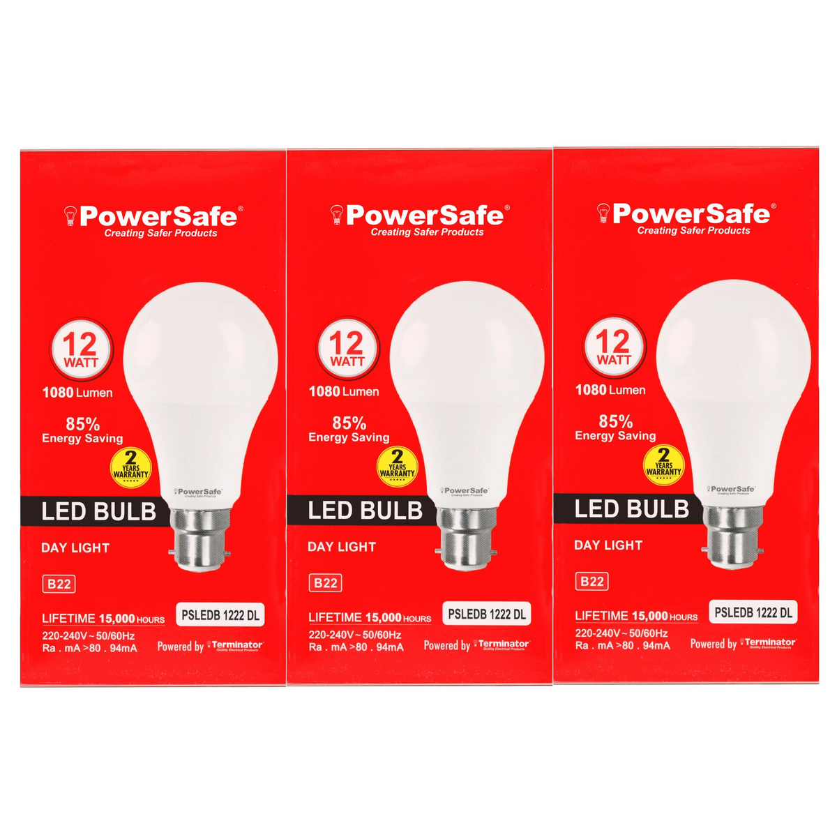 Power Safe Day Light LED Bulb, 12W, 3 pcs, PSLEDB 1222 DL