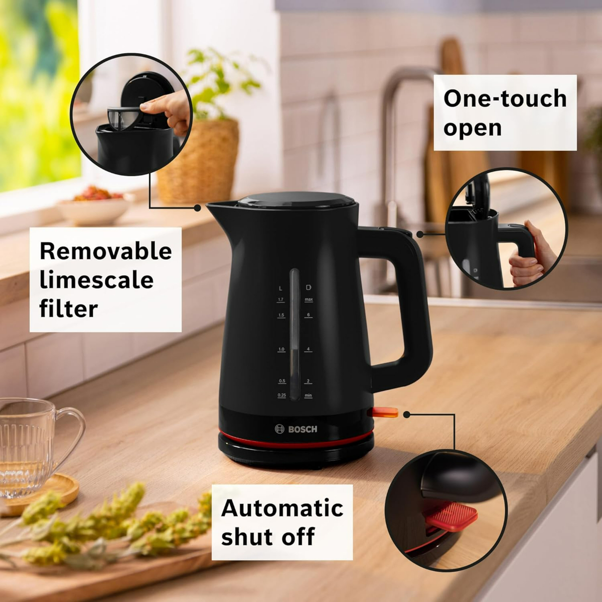 Bosch Cordless Electric Kettle, 1.7L, Black, TWK3M123GB