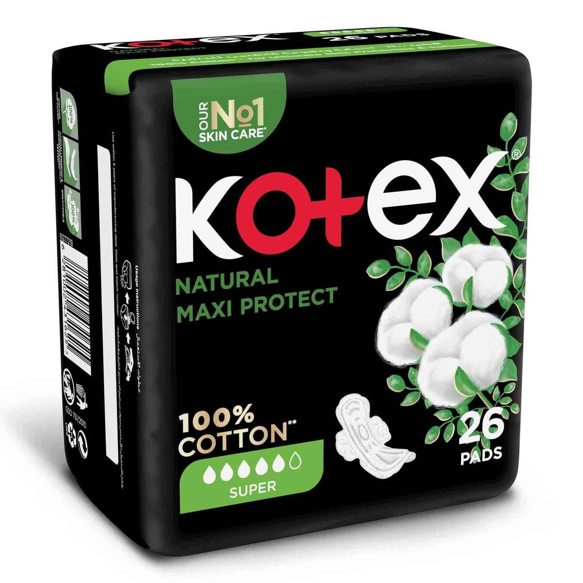 Kotex Natural Maxi Protect Thick 100% Cotton Pad Super Size with Wings 26 pcs