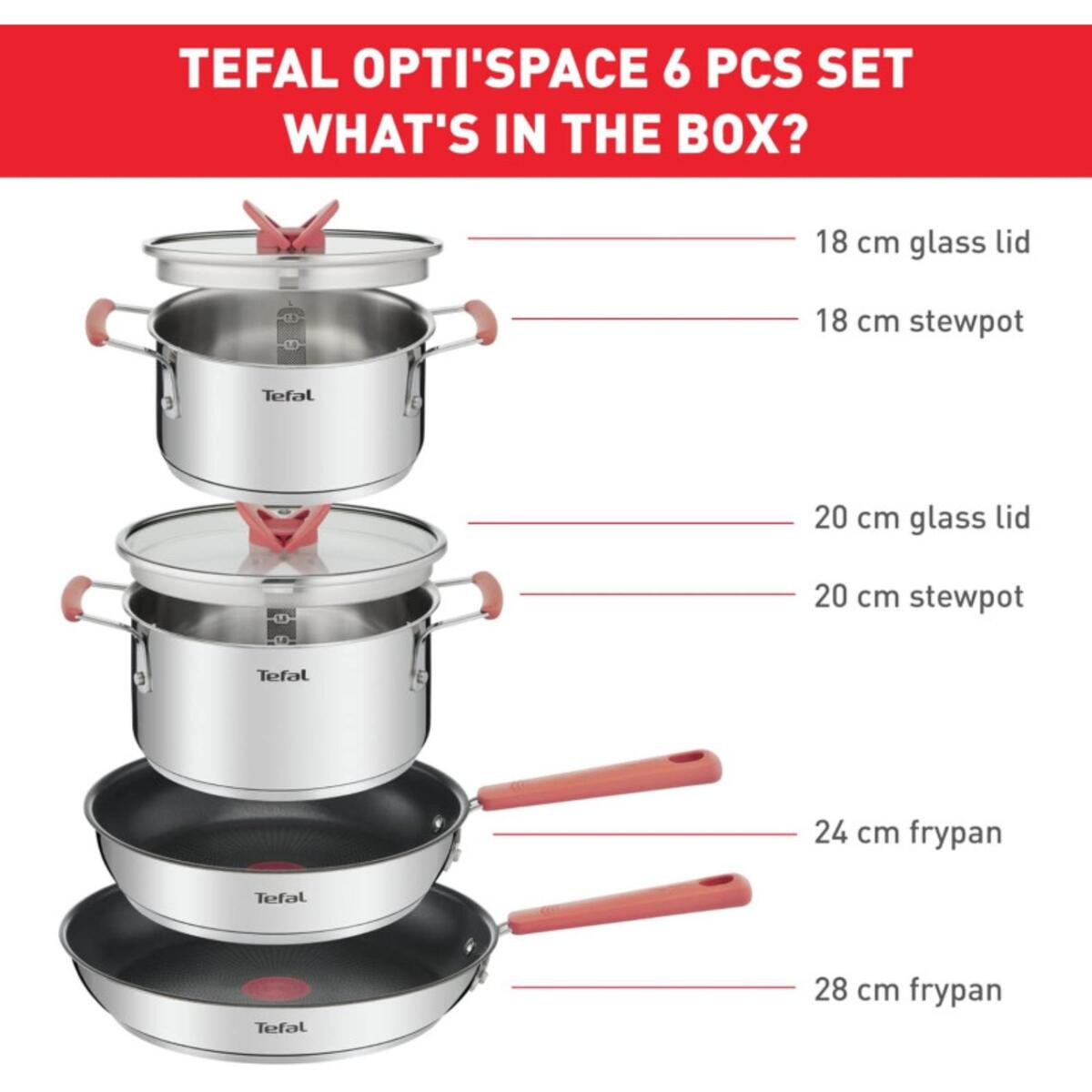 Tefal OPTI'space Stainless Steel Cookware Set, 6 pcs(Including Lids), Silver